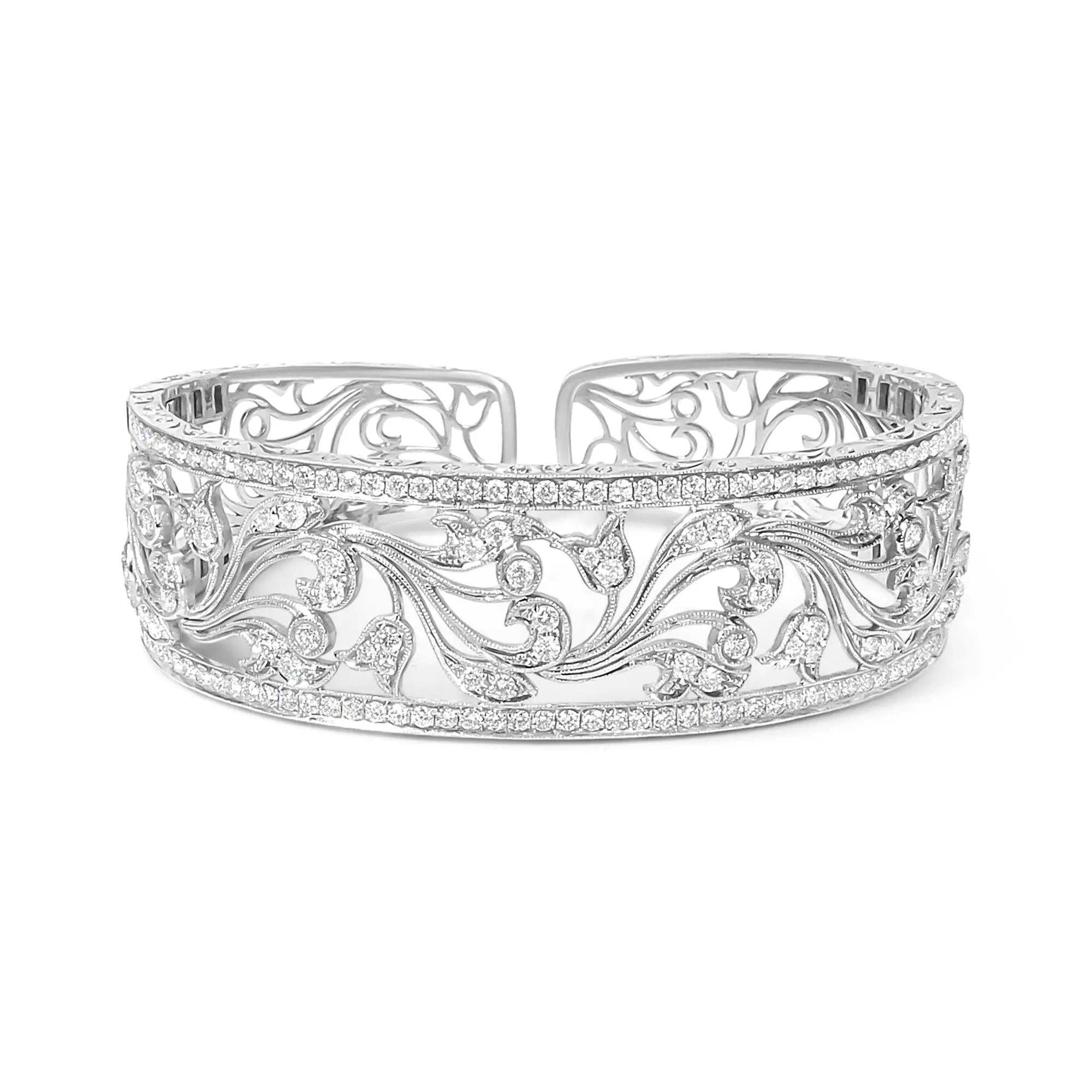 18K White Gold 3 1/4 Cttw Pave Diamond Openwork Floral Filigree Swirl Bangle Cuff Bracelet (H-I Color, VS2-SI1 Clarity) Infinite Jewels