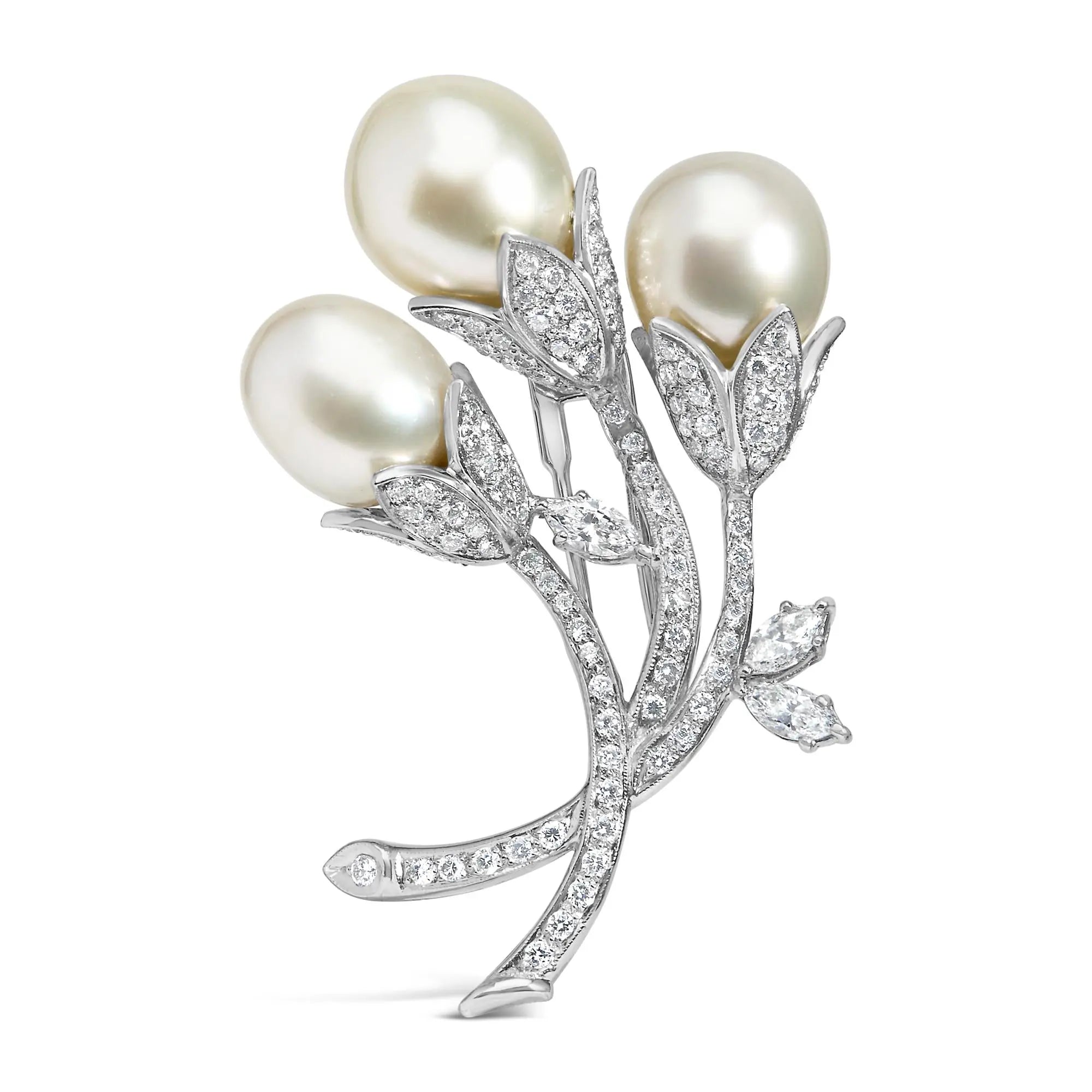 18K White Gold 2 1/5 Cttw Diamond and South Sea Pearl Floral Brooch Pin (G-H Color, VS1-VS2 Clarity) Infinite Jewels