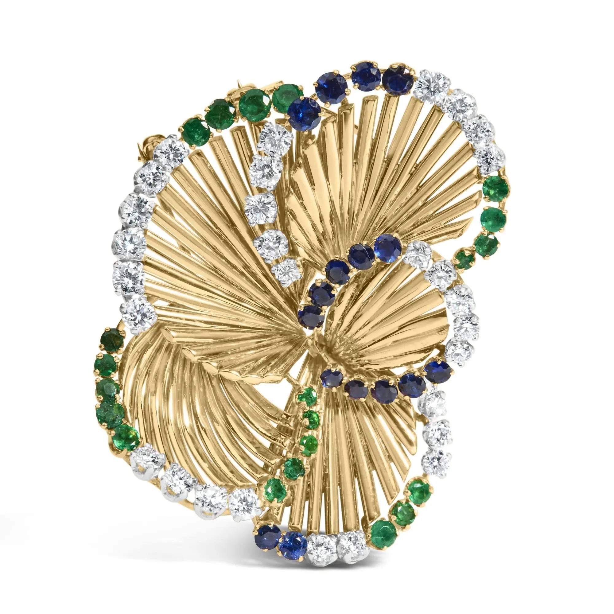 18K Yellow Gold 2 1/3 Cttw Diamond, Sapphire, and Emerald Sculpted Petal Brooch Pin (G-H Color, VS1-VS2 Clarity) Infinite Jewels