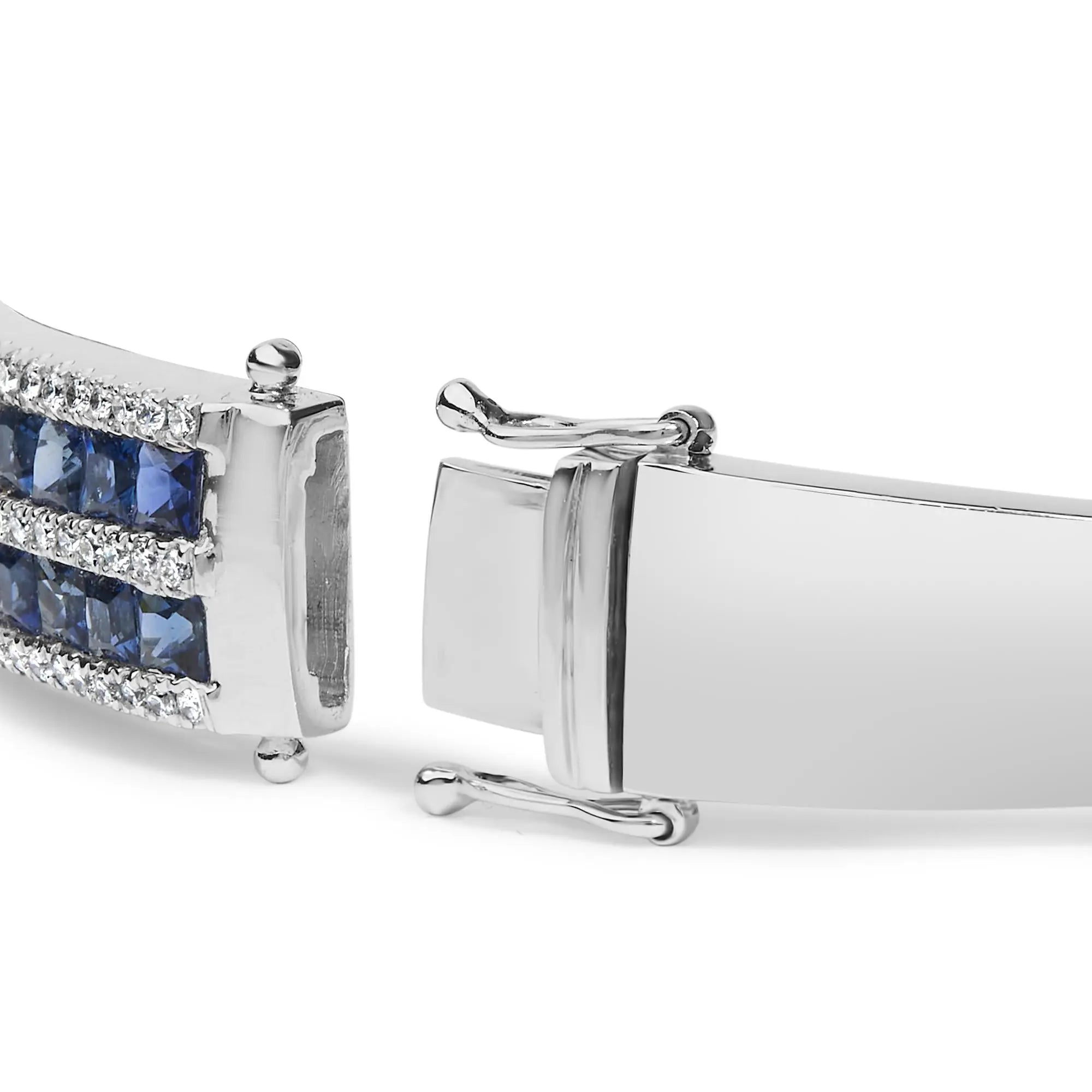 18K White Gold Alternating Diamond and 8.00 Cttw Princess Cut Blue Sapphire Multi Row Bangle Bracelet (G-H Color, VS1-VS2 Clarity) - 7" Inches Infinite Jewels