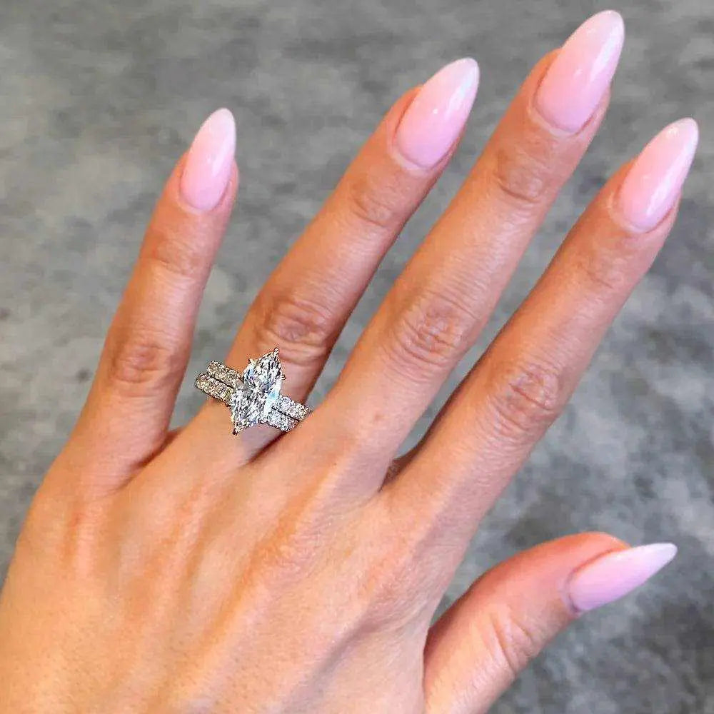 4.26Ctw Marquise Cut Diamond Celebrity Engagement Ring Bridal Set in 14K White Gold - The Sparkling Squirrels & Co.