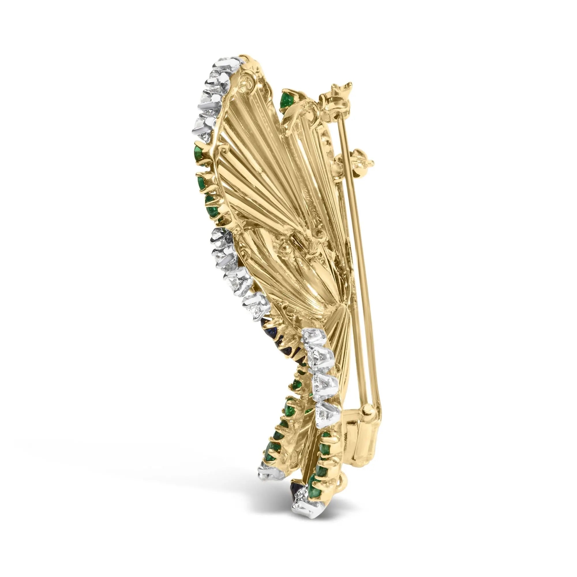 18K Yellow Gold 2 1/3 Cttw Diamond, Sapphire, and Emerald Sculpted Petal Brooch Pin (G-H Color, VS1-VS2 Clarity) Infinite Jewels