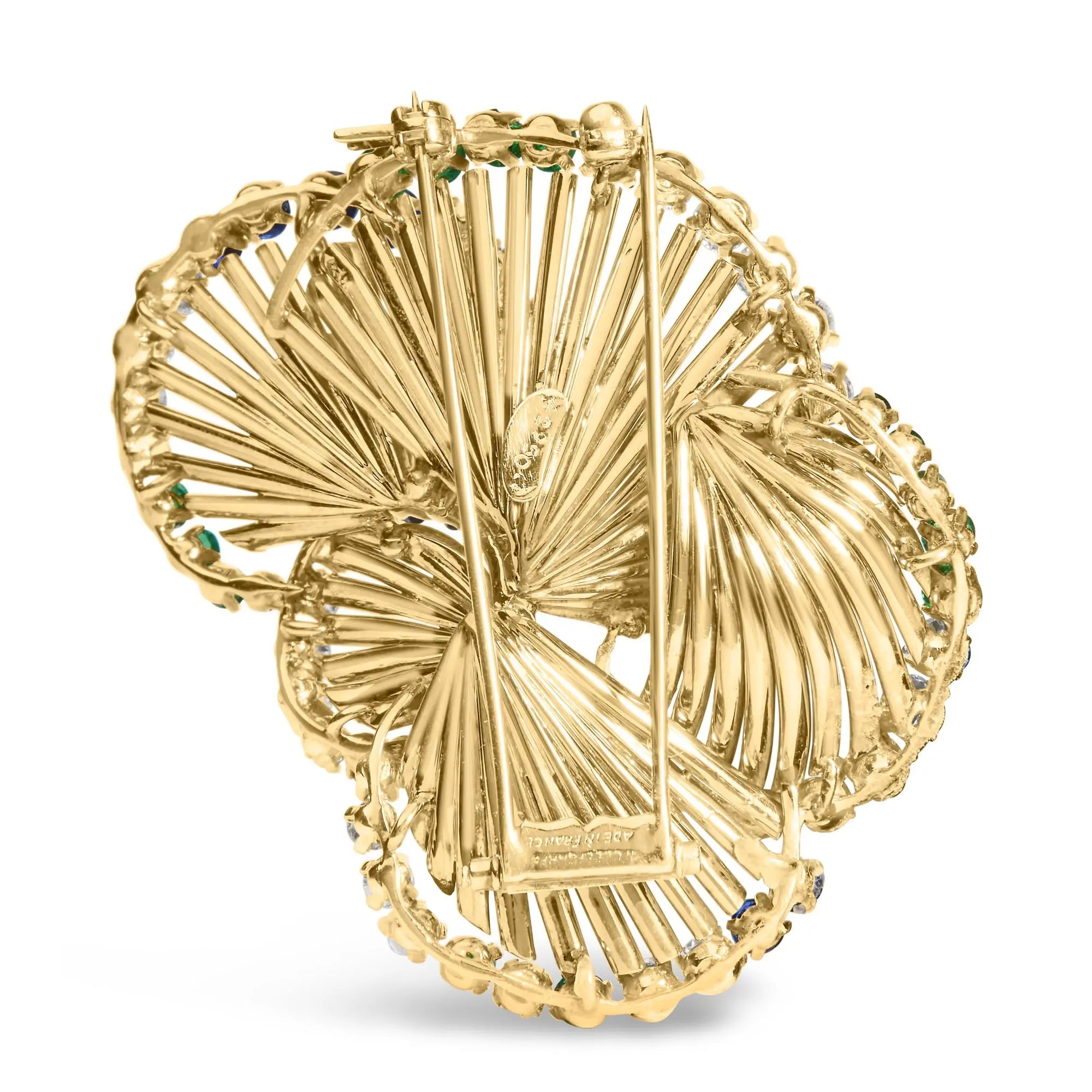 18K Yellow Gold 2 1/3 Cttw Diamond, Sapphire, and Emerald Sculpted Petal Brooch Pin (G-H Color, VS1-VS2 Clarity) Infinite Jewels