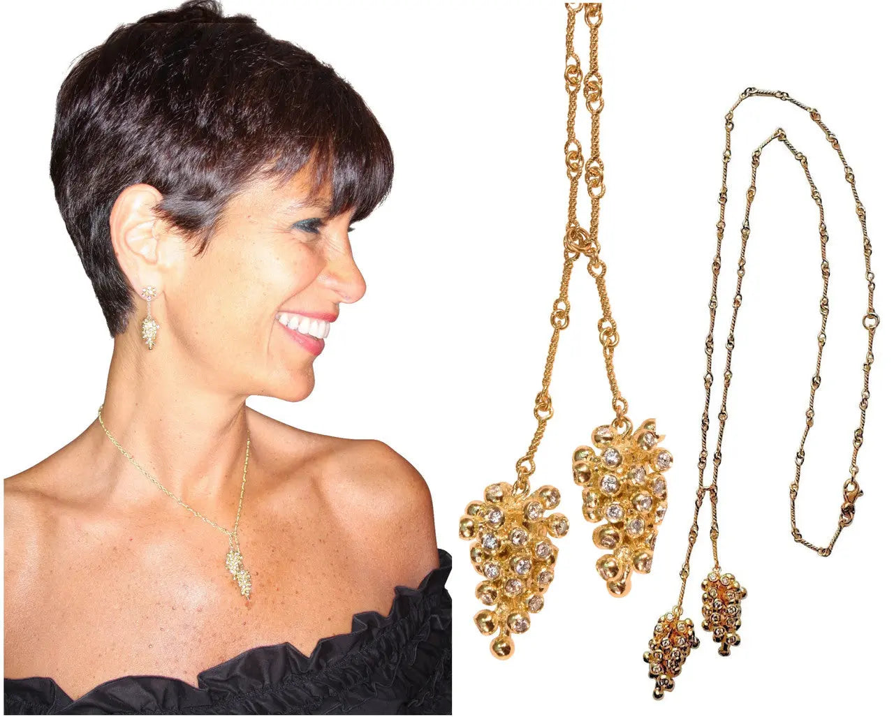 Grapes Necklace, 14K Gold with Diamonds: Lariat Style on Handmade Chain Jane A Gordon: Designs for Life