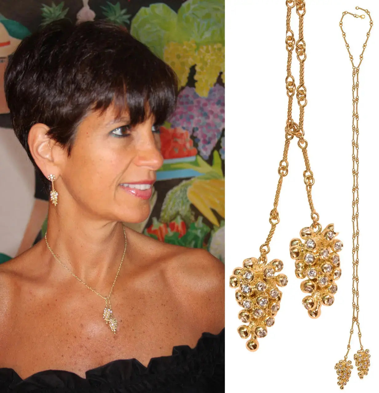 Grapes Necklace-18K Gold with Diamonds, Lariat Style on Hand-made Chain Jane A Gordon: Designs for Life