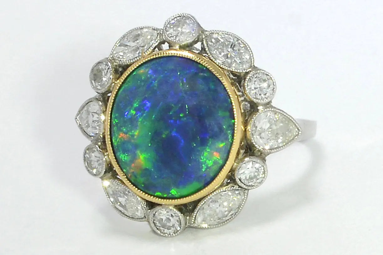 SGARIT Jewelry 18k Gold 4.5ct Black Opal Diamond Cocktail Ring Lightning Ridge Vintage Estate Halo Design Milgrain Jewellery Maison Valderre