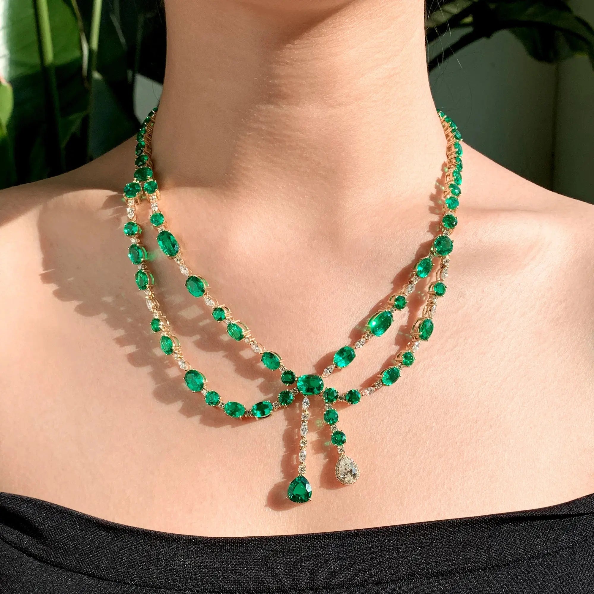 Fine Jewelry Luxury Women Lab Grown Green Emerald Diamond Necklace 18k Gold Double Layer Necklace Maison Valderre