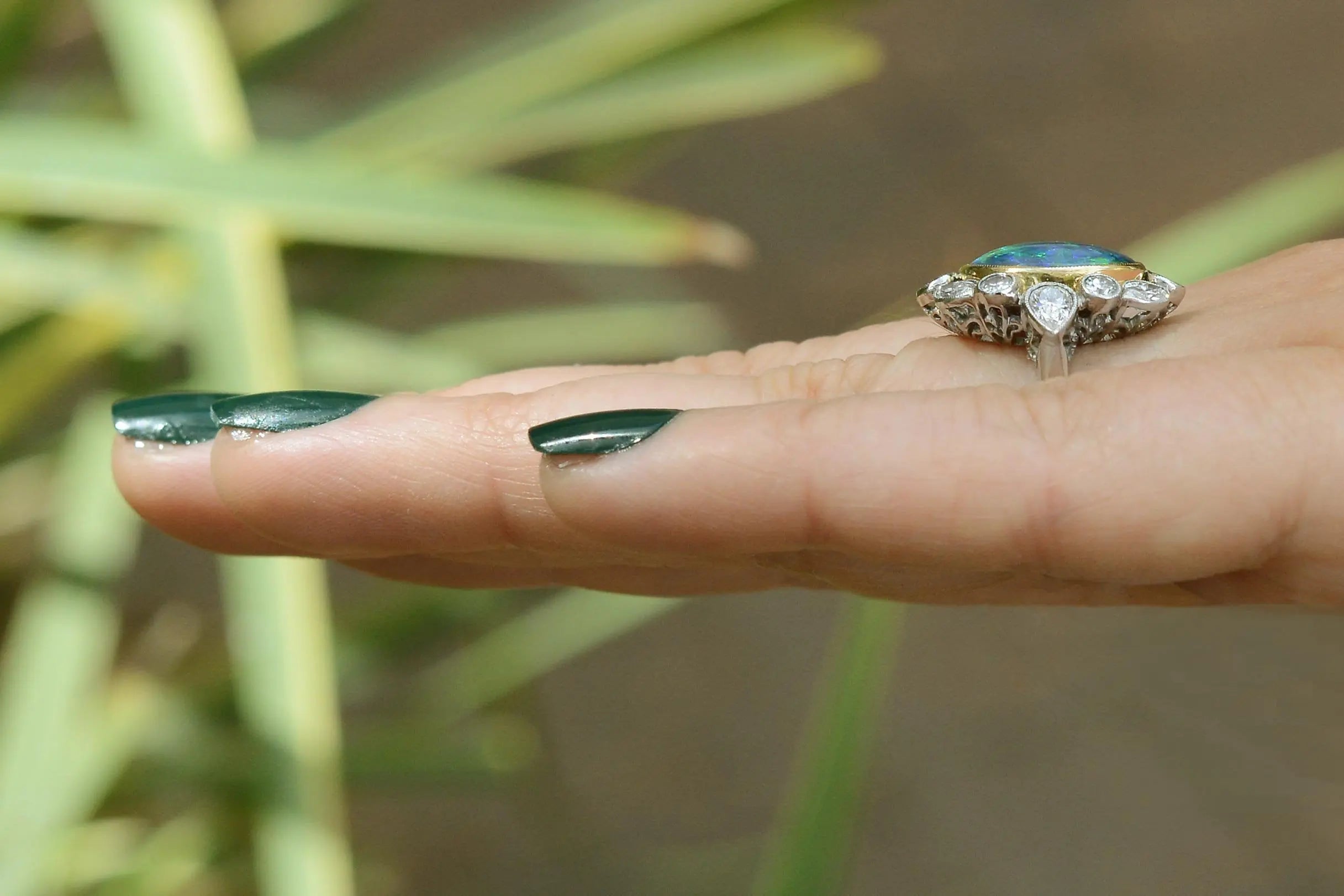 SGARIT Jewelry 18k Gold 4.5ct Black Opal Diamond Cocktail Ring Lightning Ridge Vintage Estate Halo Design Milgrain Jewellery Maison Valderre