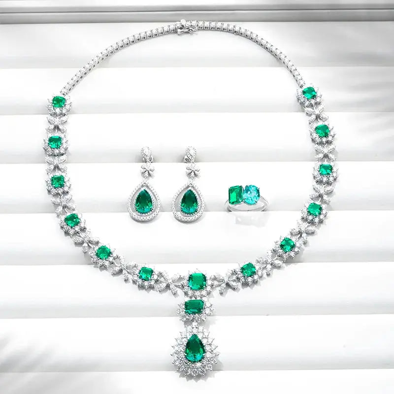 Lab-created emerald 14k white gold earrings necklace and ring three-piece jewelry set