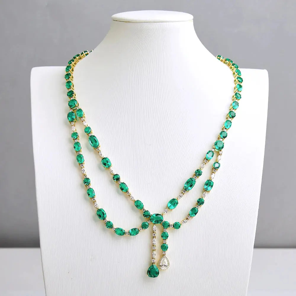 Fine Jewelry Luxury Women Lab Grown Green Emerald Diamond Necklace 18k Gold Double Layer Necklace Maison Valderre