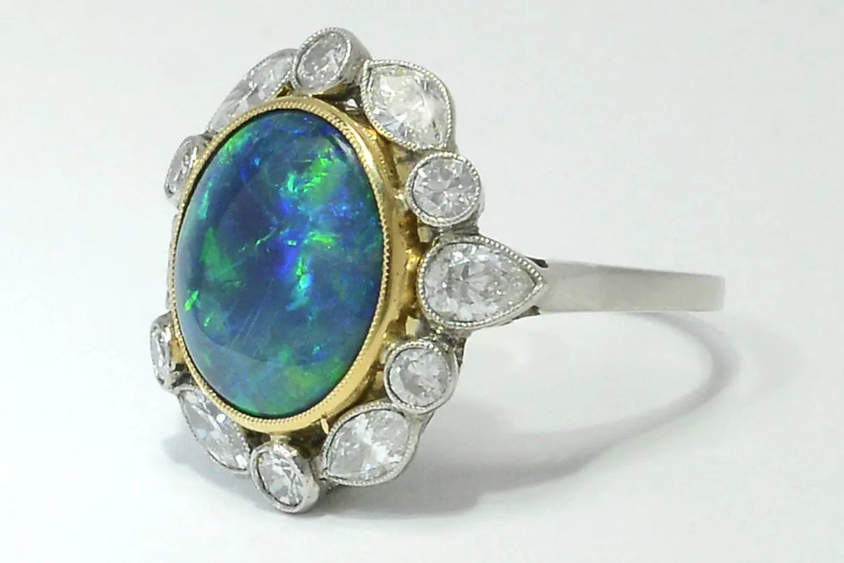 SGARIT Jewelry 18k Gold 4.5ct Black Opal Diamond Cocktail Ring Lightning Ridge Vintage Estate Halo Design Milgrain Jewellery Maison Valderre
