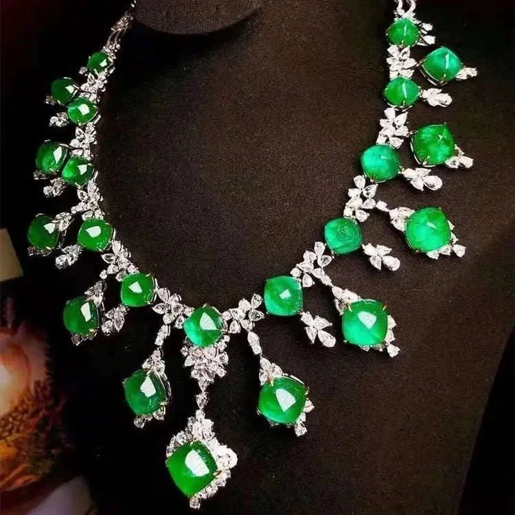 SGARIT Hot Custom Jewellery Gold Luxury Wedding Engagement Anniversary Vivid Green 18K Gold 114.95Ct Natural Emerald Necklace - The Sparkling Squirrels & Co.