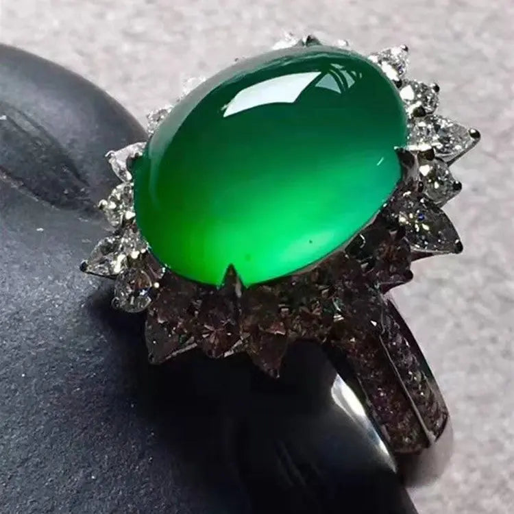 Chinese Luxury Big Jade Gemstone Jewelry With Diamond Wholesale 18k Gold 11.8x8.5x6mm Natural Green Jadeite Ring Maison Valderre
