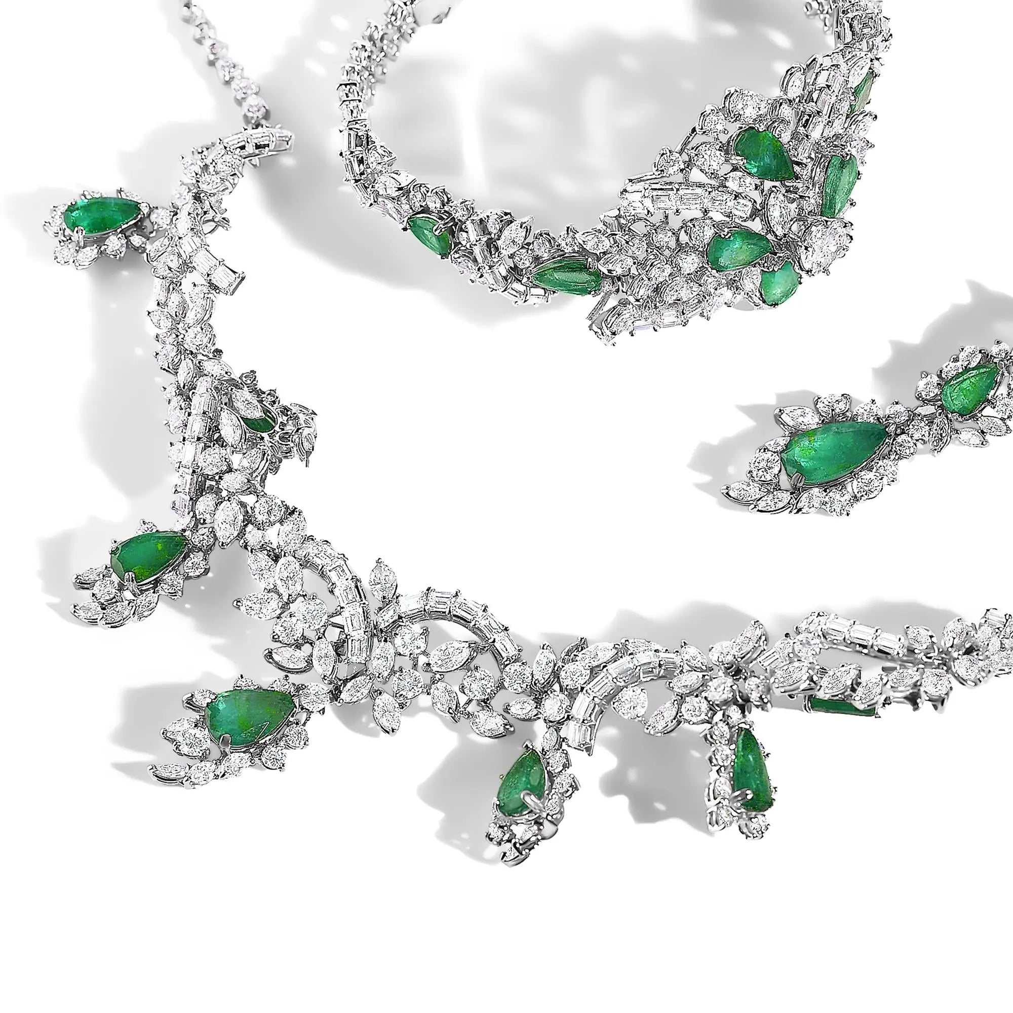 Certified Platinum 38.0 Cttw Diamond and 19 3/4 Cttw Brazilian Green Emerald Necklace, Bracelet & Earrings Three-Piece Set Infinite Jewels