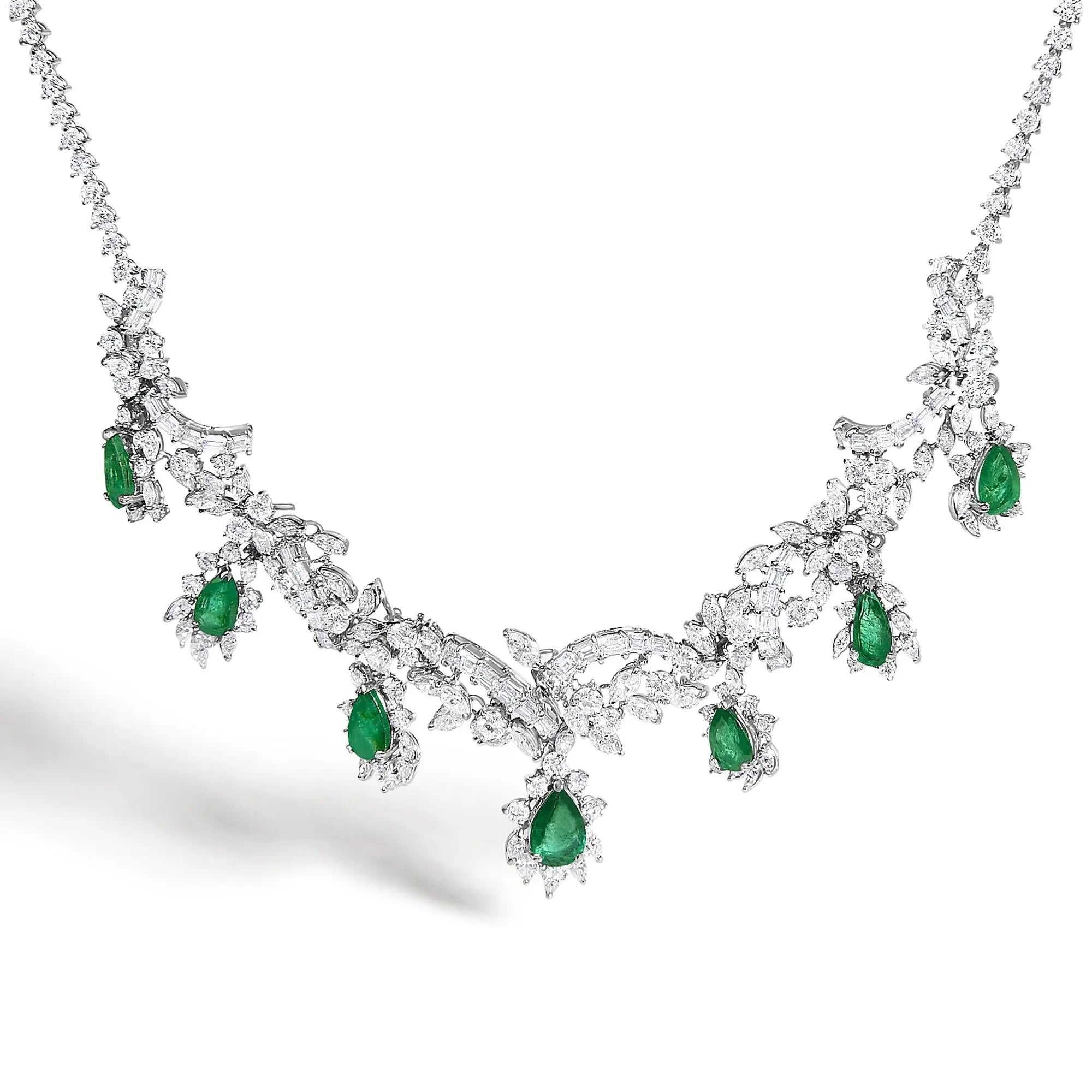 Certified Platinum 38.0 Cttw Diamond and 19 3/4 Cttw Brazilian Green Emerald Necklace, Bracelet & Earrings Three-Piece Set Infinite Jewels