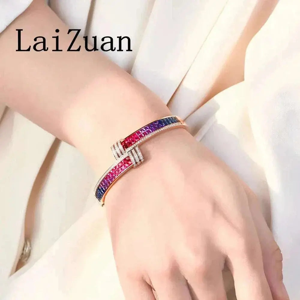 LaiZuan Solid 18K Yellow Gold Unique Rainbow Natural Diamond Bracelet Colorful Gemstones Jewelry Wedding Bride Anniversary Gifts - The Sparkling Squirrels & Co.