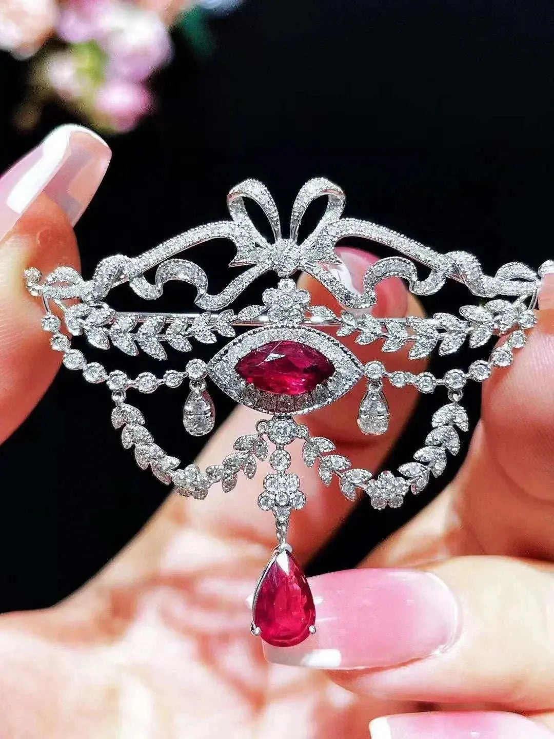 natural ruby brooch * pendant double use 18K white gold with diamond bowknot palace vintage unburnt ruby pigeon blood luxury - The Sparkling Squirrels & Co.