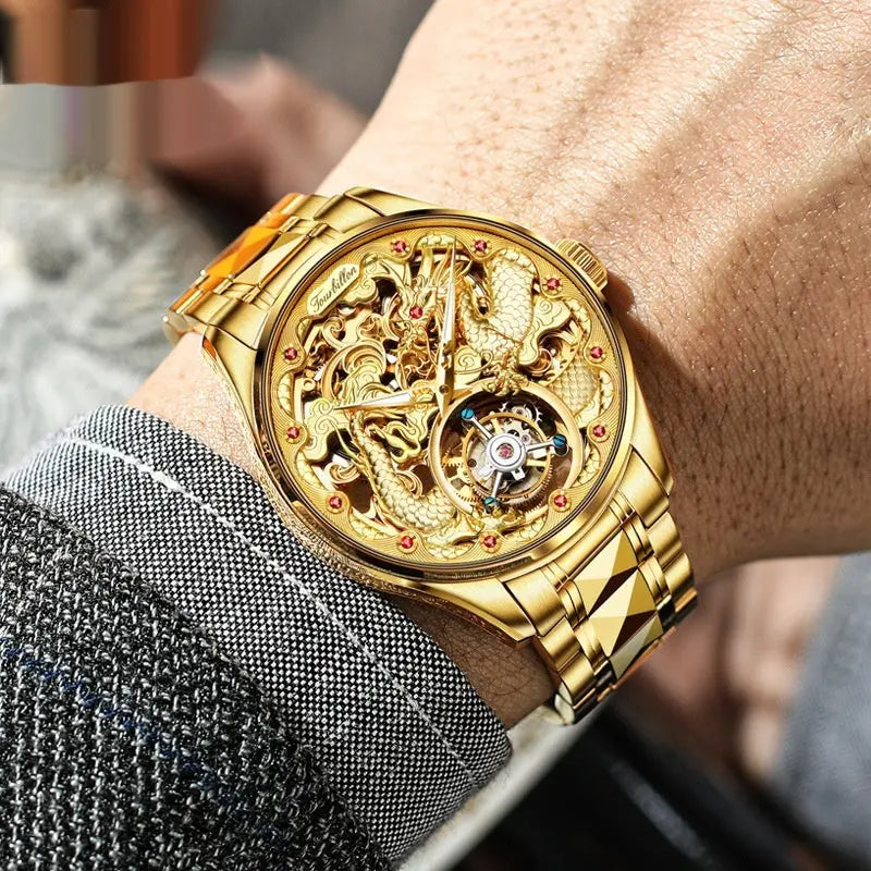 Luxury Golden Water-Resistant Mens Watch With Tourbillon