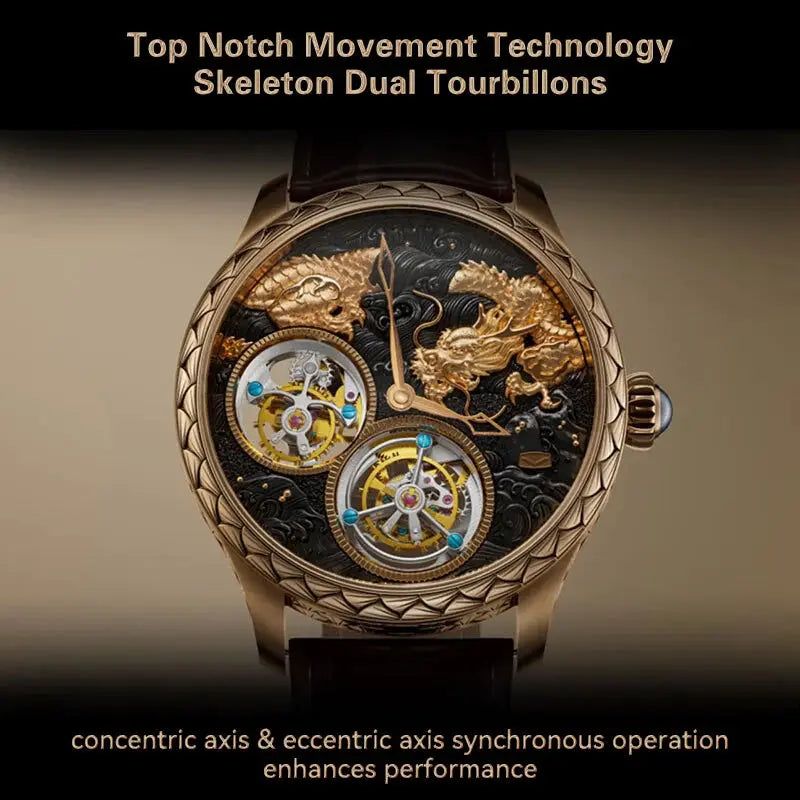 Sea-Gull Master Series Nine Dragons Dual Tourbillon Top Luxury Men's Manual Mechanical Watch Hand Wind Watches 18K RoseGlod 8839 Maison Valderre